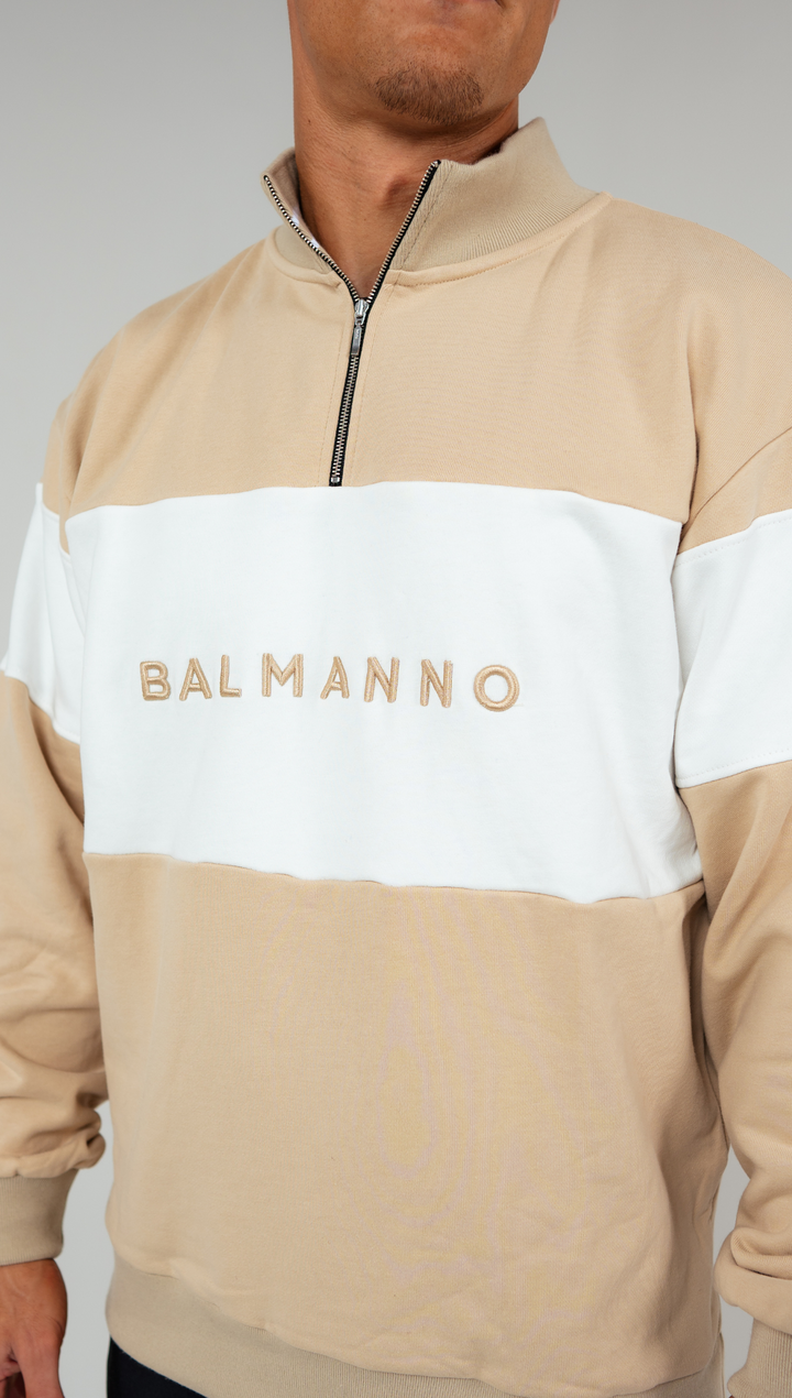 Oversized Unisex Bold 1/4 Zip Crew | Beige & White