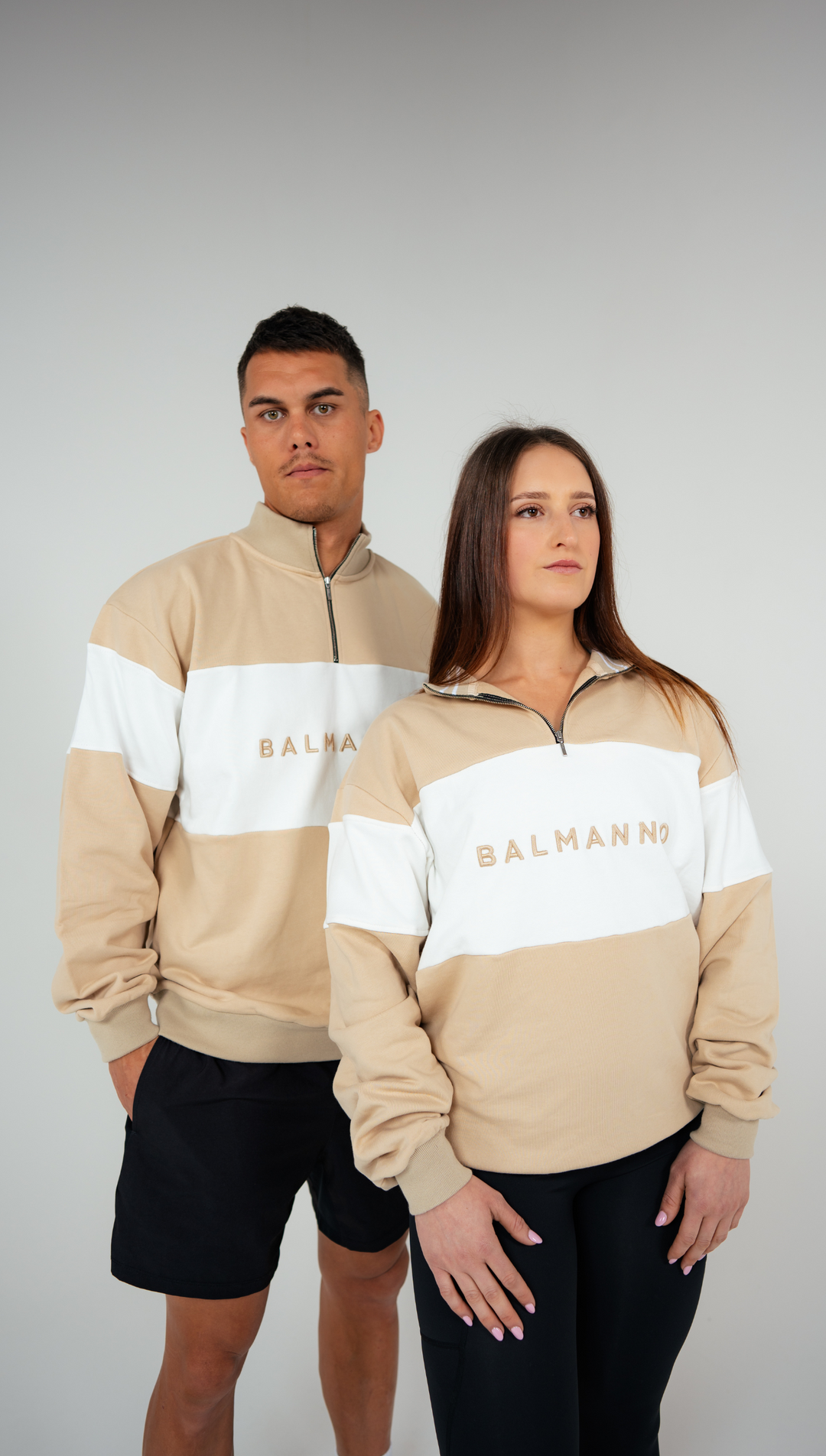 Oversized Unisex Bold 1/4 Zip Crew | Beige & White