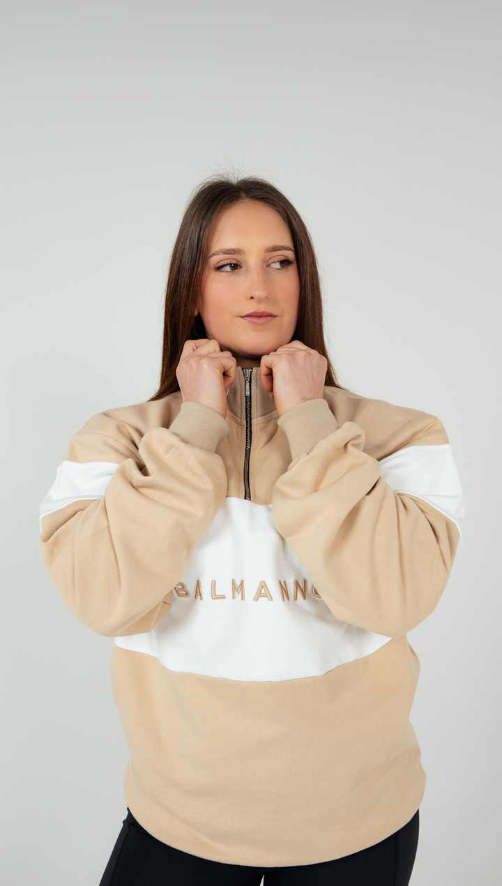 Oversized Unisex Bold 1/4 Zip Crew | Beige & White