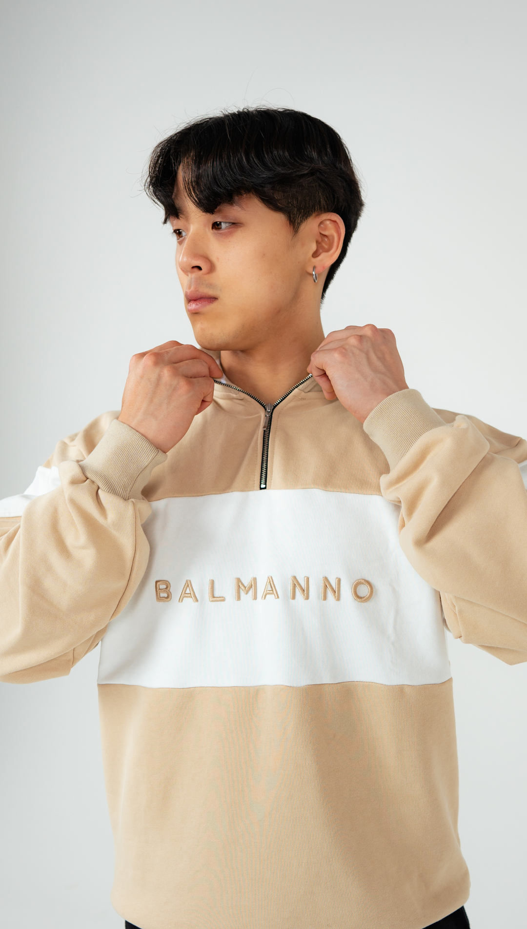 Oversized Unisex Bold 1/4 Zip Crew | Beige & White