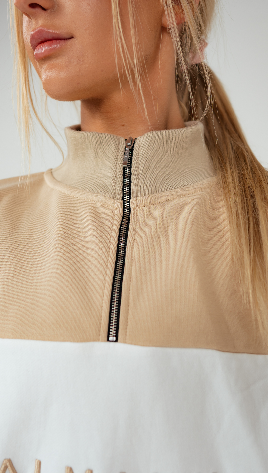 Oversized Unisex Bold 1/4 Zip Crew | Beige & White