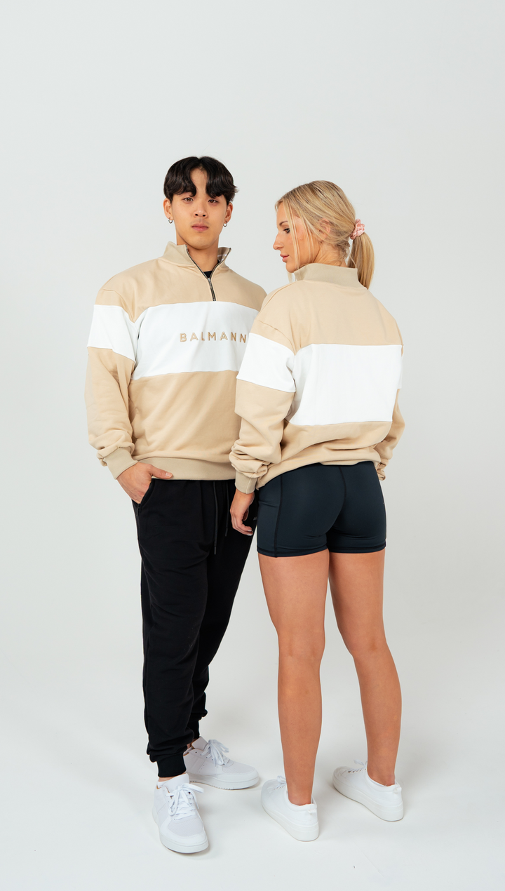 Oversized Unisex Bold 1/4 Zip Crew | Beige & White